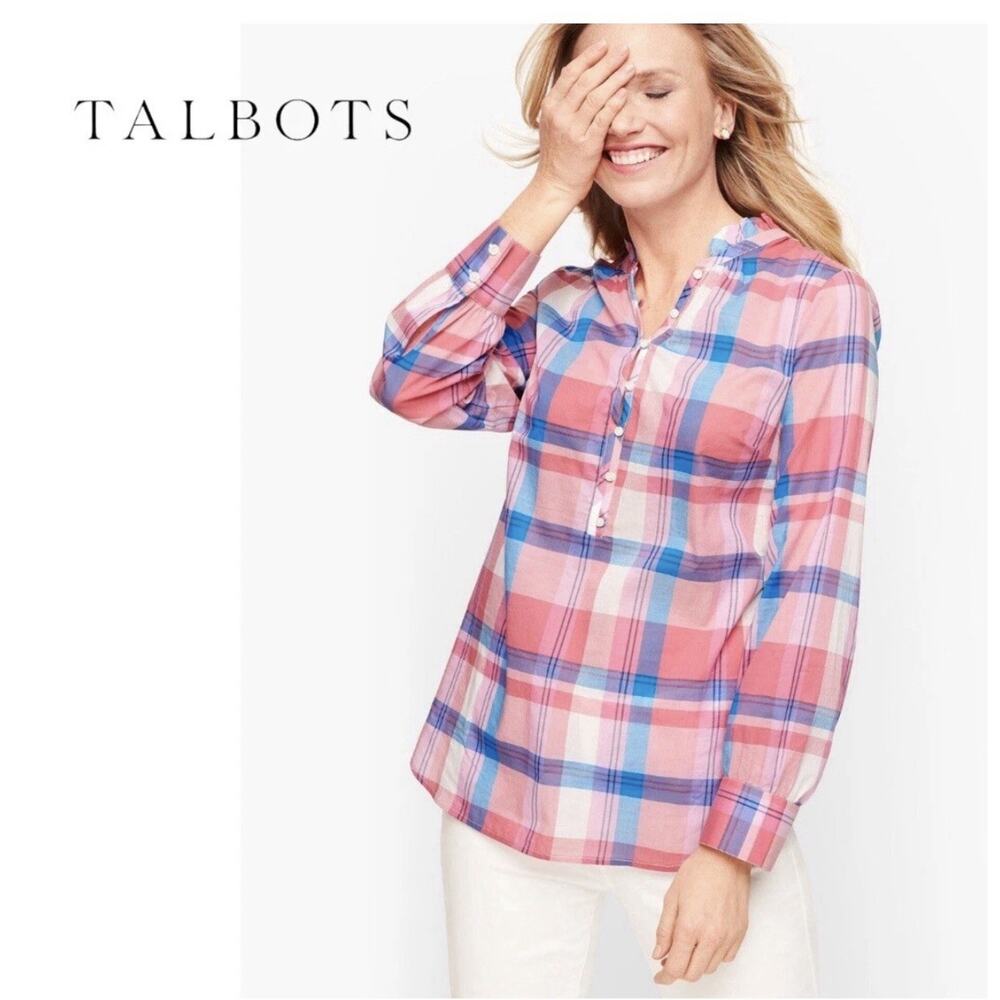 Talbots Plaid Shirt Poplin Popover M Pink/Blue $90 Ruffle Casual Preppy Pullover